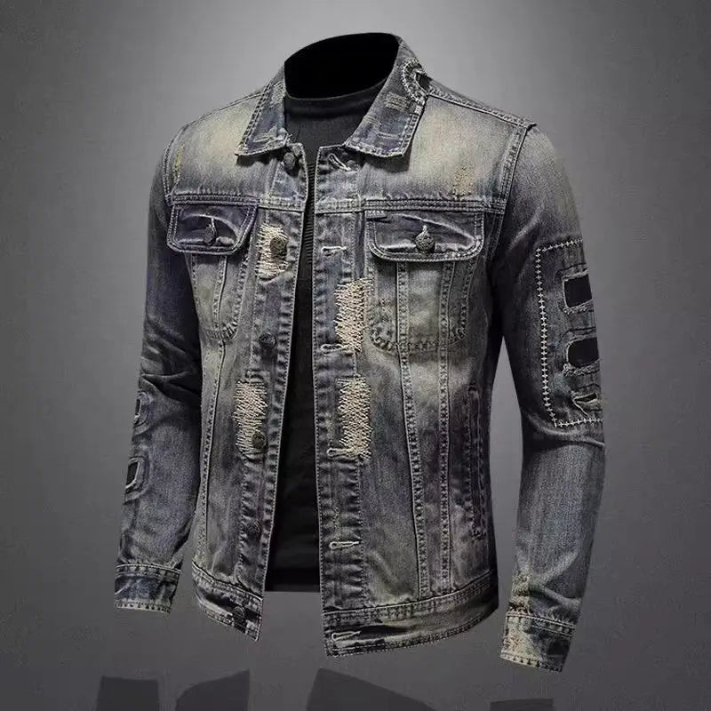 2025 Men's Autumn Winter Brand Casual Cotton Jacket with American Retro Motorcycle Embroidered Street Fashion Grey Jeans Coat