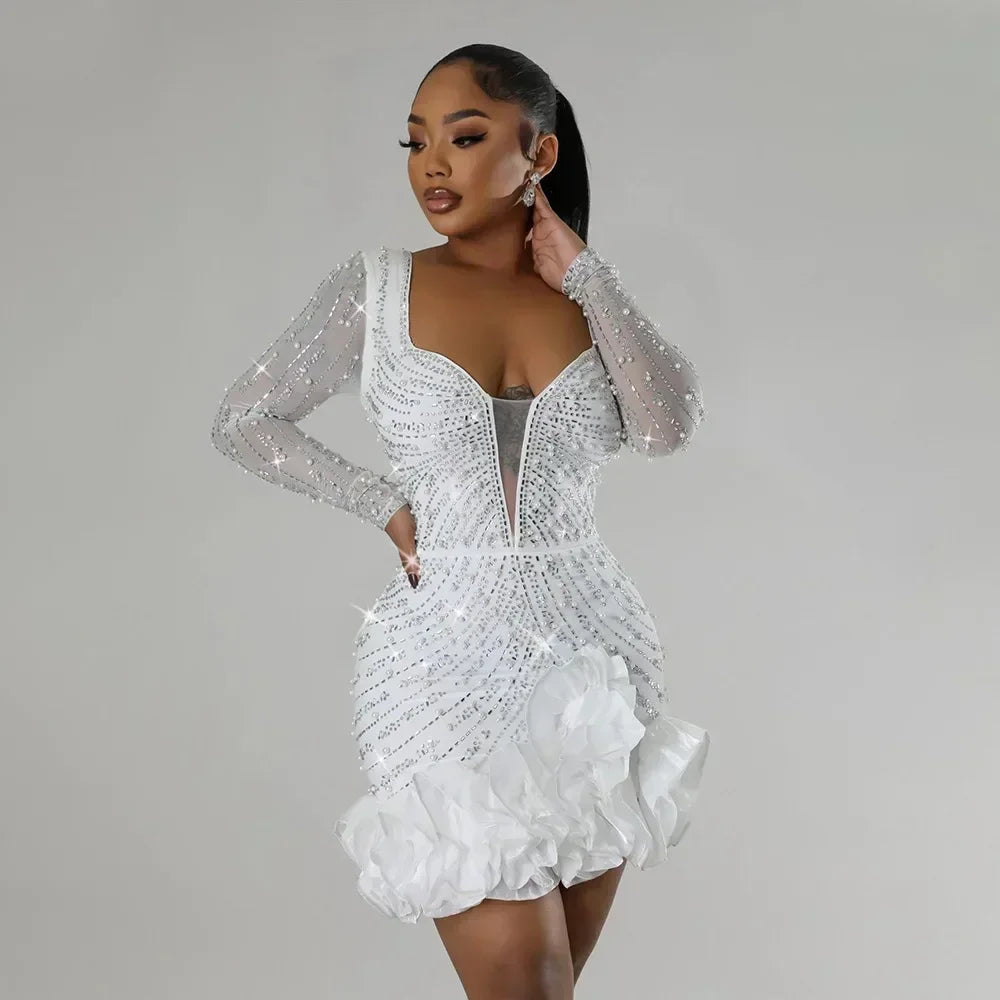 2025 Party Dresses Beading Diamond Long Sleeves Ruffles for women Shiny Elegant Wedding Guest Gown Occasion Celebrate Birthday