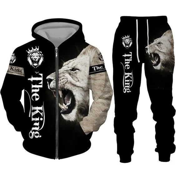 Men's Zip Hoodie Tracksuit Full Hoodies Set Lion Graphic Zipper 2 Piece Hooded Sports Outdoor Casual Sports 3D Print Streetwear