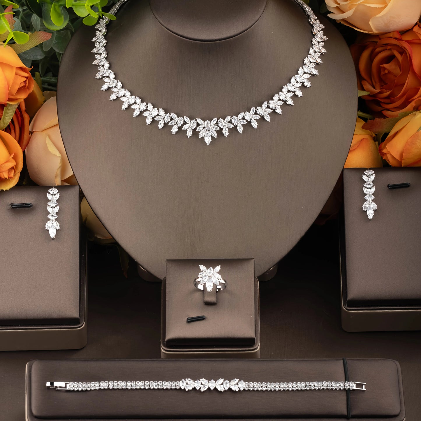 Fashion Cubic Zircon Leaf Pendant Necklace and Earrings Set 4PCS Bridal Wedding Jewelry Set for Women Gifts Bijoux S-353