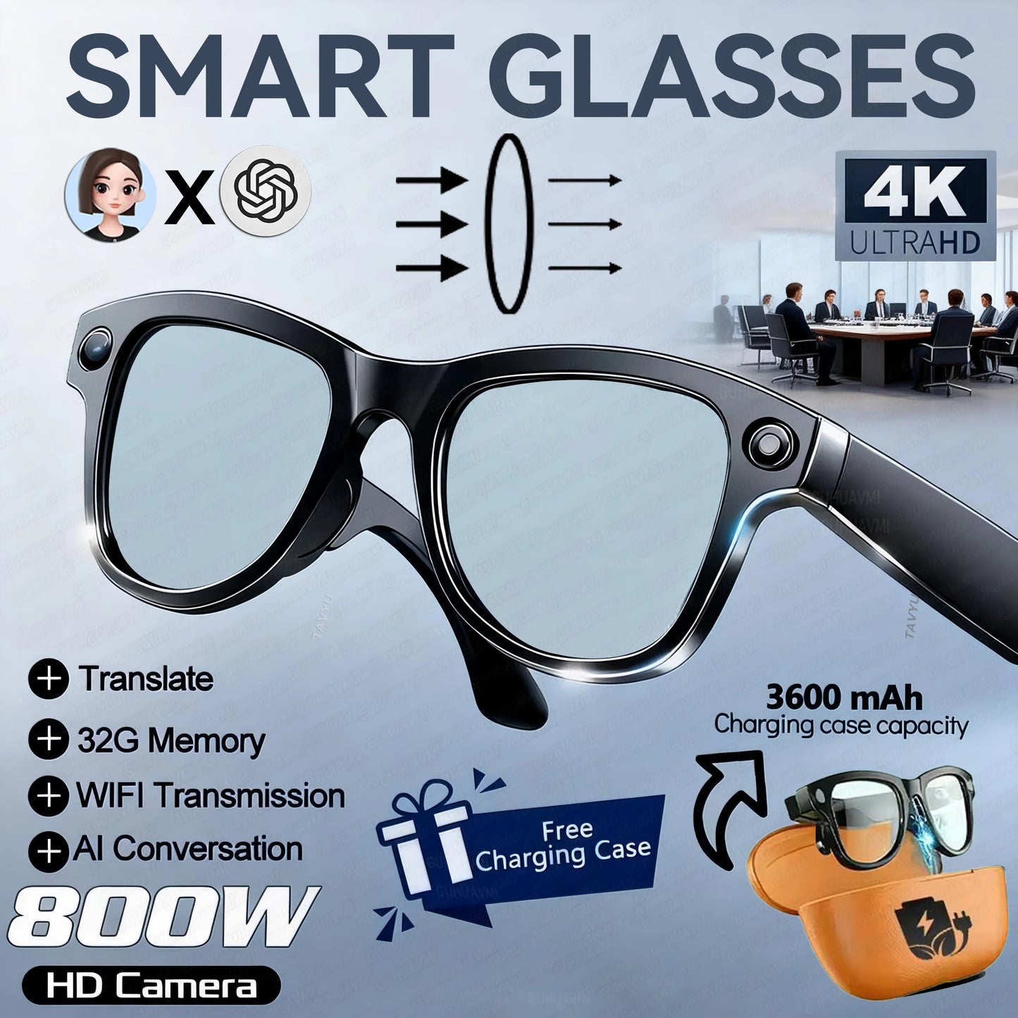 2025 New Travel Study Smart Glasses Men 800W HD Pixel Camera Video Recording WIFI Transmission Adjustable Prescription Glasses