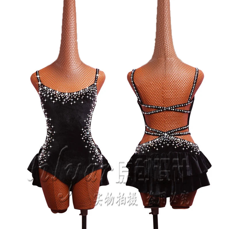 Pole Dancing Latin Dance Dress Steel Pipe Girl Costumes Skirt Performing Dress Adult Customize Children Stretch Velvet Wine Red
