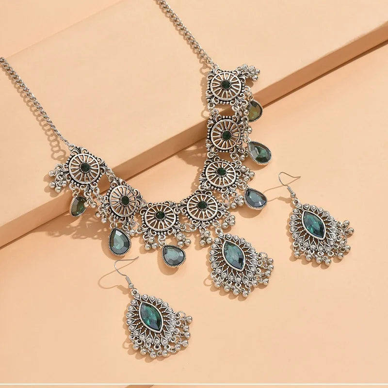 2pcs Vintage Indian Ethnic Style Jewelry Set For Women Crystal Inlaid Jewelry Sets Water Drop Pendant Necklace Earring Set