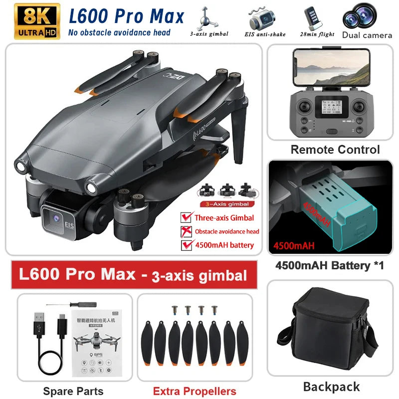 New L600 PRO MAX/PRO GPS Drone 5KM 4K Professional HD Dual Camera 3-Axis Gimbal 360° Obstacle Avoidance Brushless Quadcopter Toy