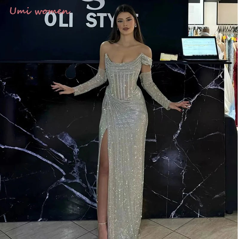 Customized Mermaid Evening Dresses Woman Elegant Evening Dress Woman Shiny Luxury Prom Dresses 2025 Side Slit Party