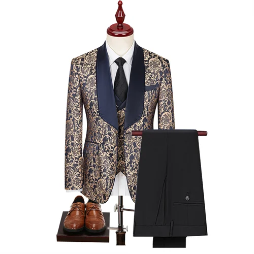 Men High Quality Wedding Jacquard Suits Fashion Male Business Social Dance Party Dress Blazers and Pant with Vest
