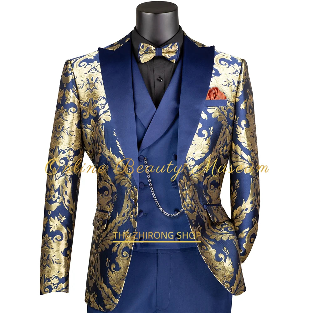Chic Men's Modern Fit 3-Piece Suit Black Gold Jacquard Blazer Vest Pants Tailored Wedding Clothes for Groom Prom Dinner Party