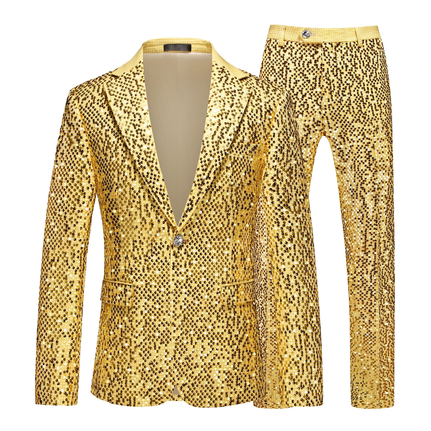 Men's Gold Sequin Slim Fashion Suit Two Piece Set, Stage Performance, Host Costume. Top+Pants