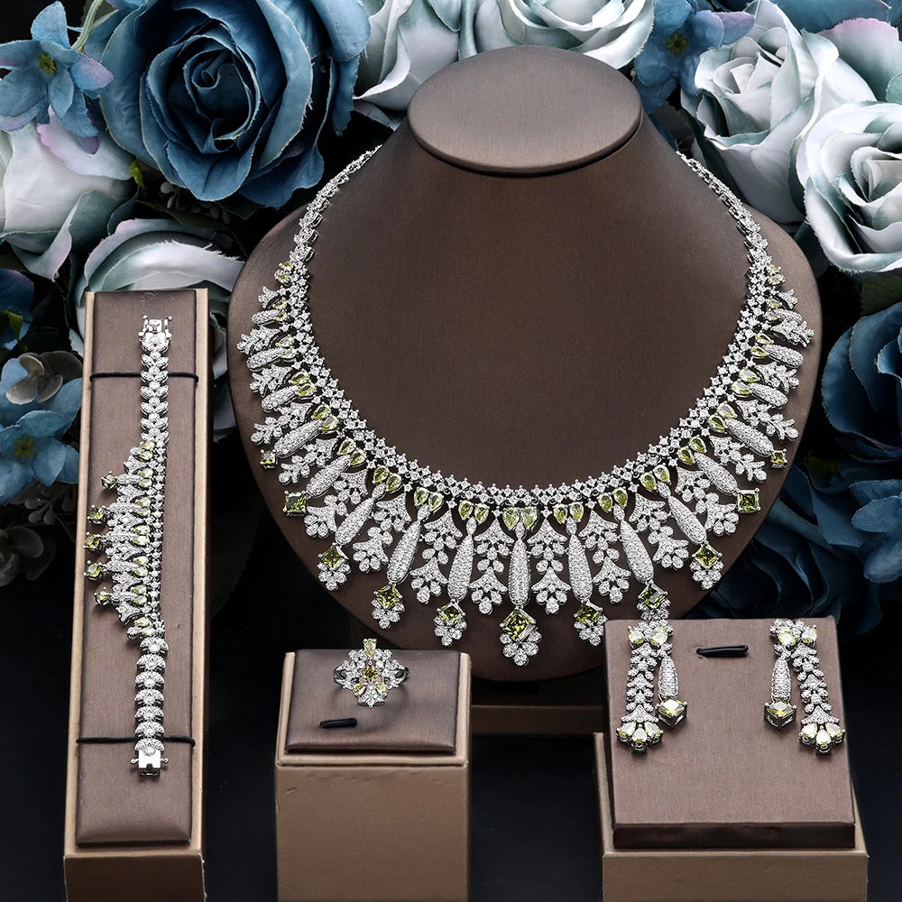 4pcs Bridal Zirconia Full Jewelry Sets For Women Party, Luxury Dubai Nigeria CZ Crystal Wedding Jewelry Sets