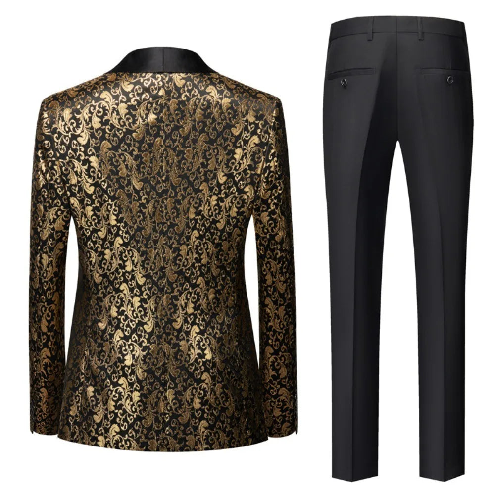 Men's 2026 New 3-Piece Tuxedo Suit Set Gold Jacquard Satin Fabric Black Lapel Contrast Color Pants Formal Evening Party Prom Wed