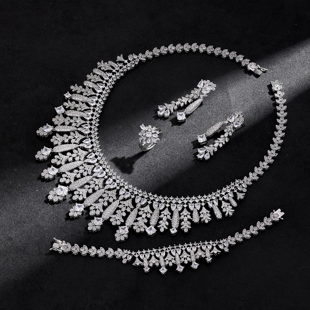 4pcs Bridal Zirconia Full Jewelry Sets For Women Party, Luxury Dubai Nigeria CZ Crystal Wedding Jewelry Sets
