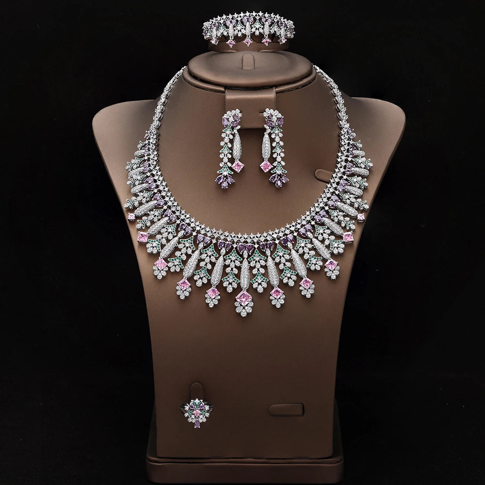 4pcs Bridal Zirconia Full Jewelry Sets For Women Party, Luxury Dubai Nigeria CZ Crystal Wedding Jewelry Sets