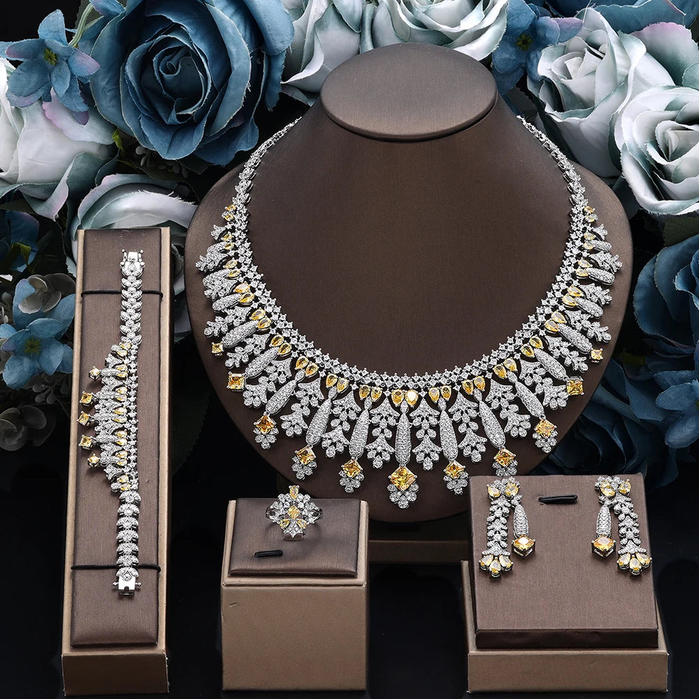 4pcs Bridal Zirconia Full Jewelry Sets For Women Party, Luxury Dubai Nigeria CZ Crystal Wedding Jewelry Sets