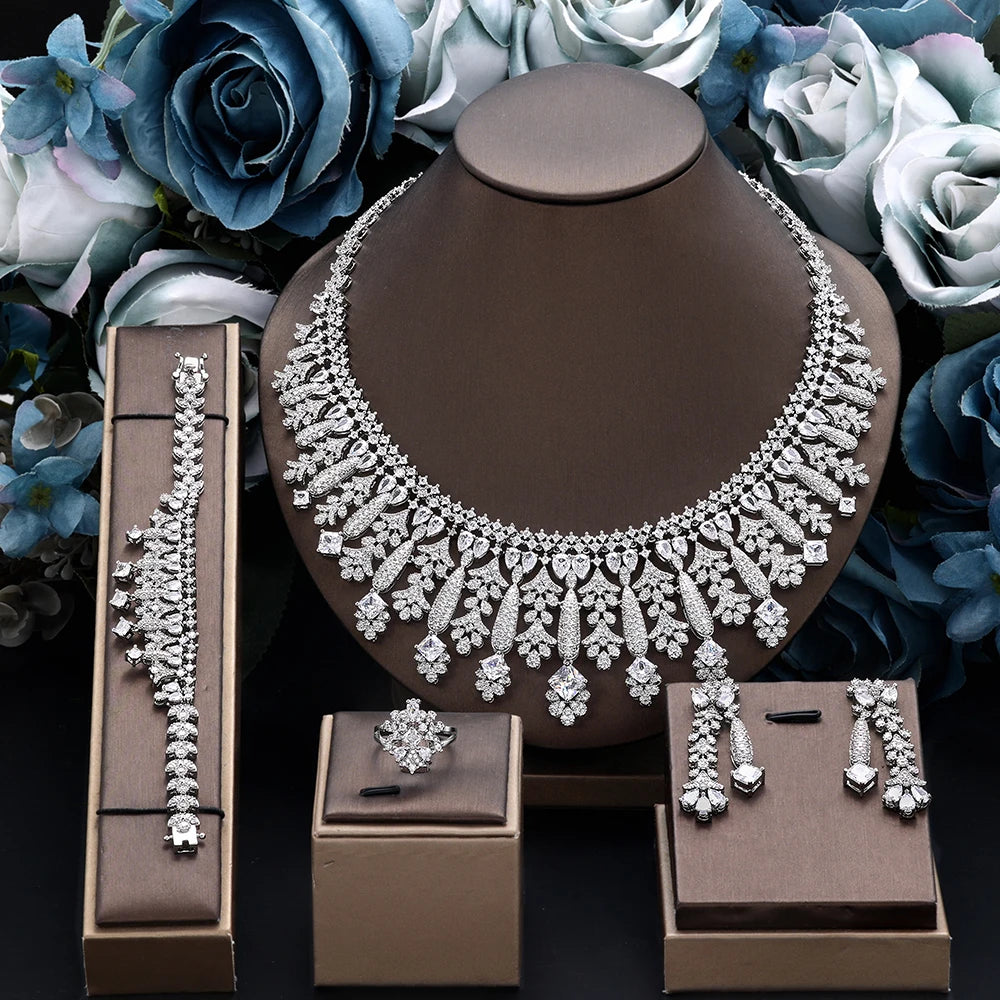 4pcs Bridal Zirconia Full Jewelry Sets For Women Party, Luxury Dubai Nigeria CZ Crystal Wedding Jewelry Sets