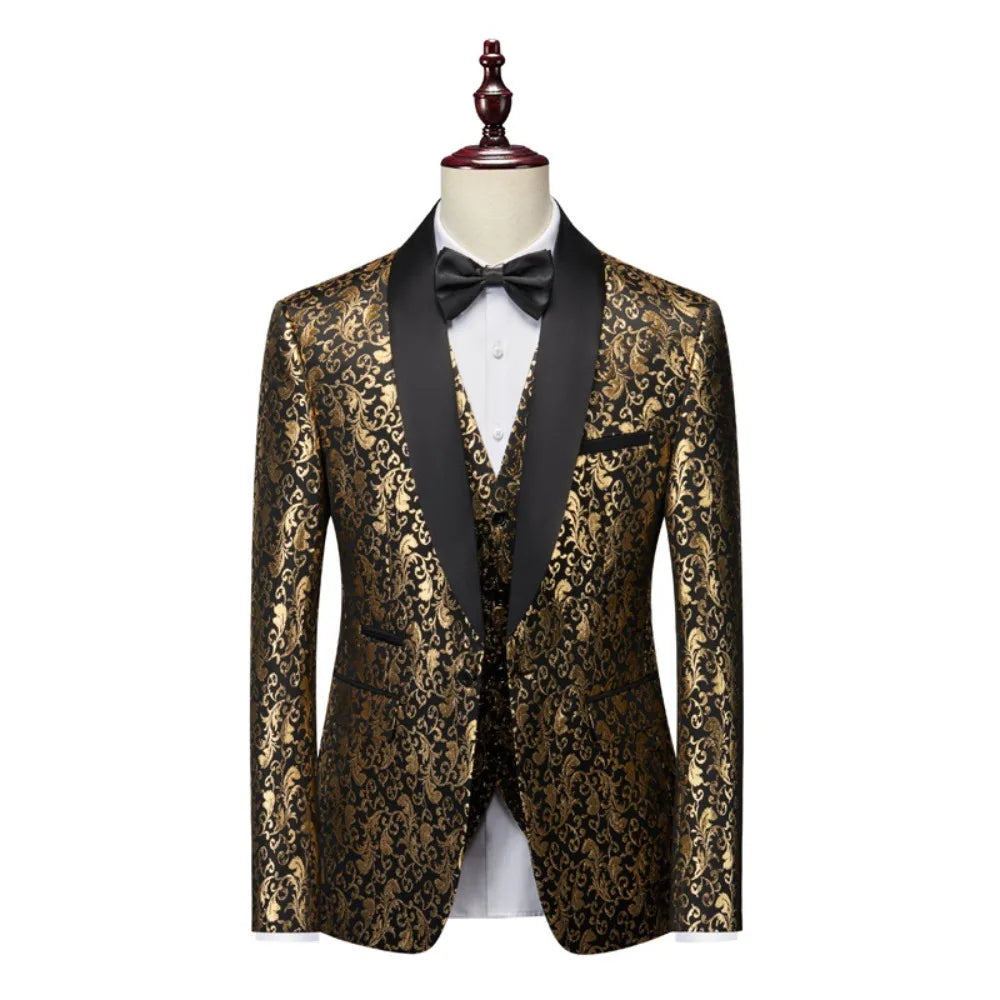 Men's 2026 New 3-Piece Tuxedo Suit Set Gold Jacquard Satin Fabric Black Lapel Contrast Color Pants Formal Evening Party Prom Wed