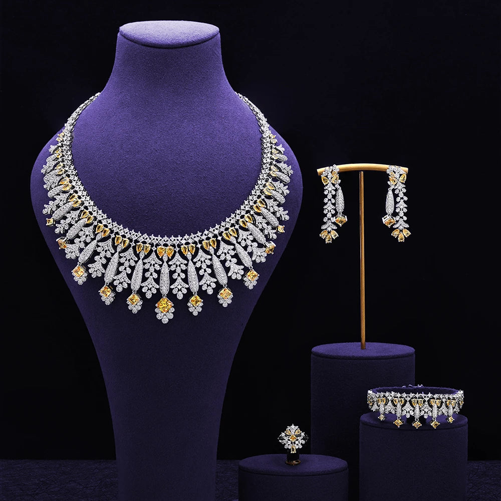 4pcs Bridal Zirconia Full Jewelry Sets For Women Party, Luxury Dubai Nigeria CZ Crystal Wedding Jewelry Sets