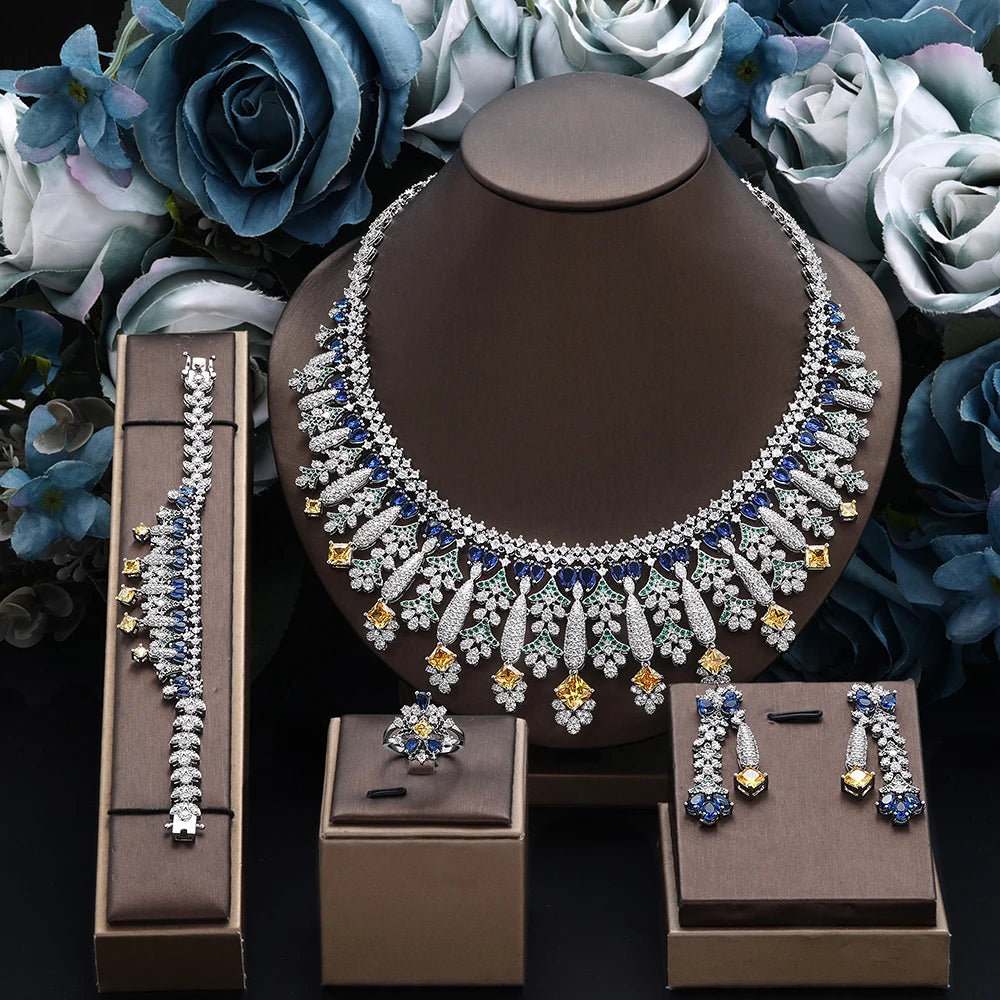 4pcs Bridal Zirconia Full Jewelry Sets For Women Party, Luxury Dubai Nigeria CZ Crystal Wedding Jewelry Sets