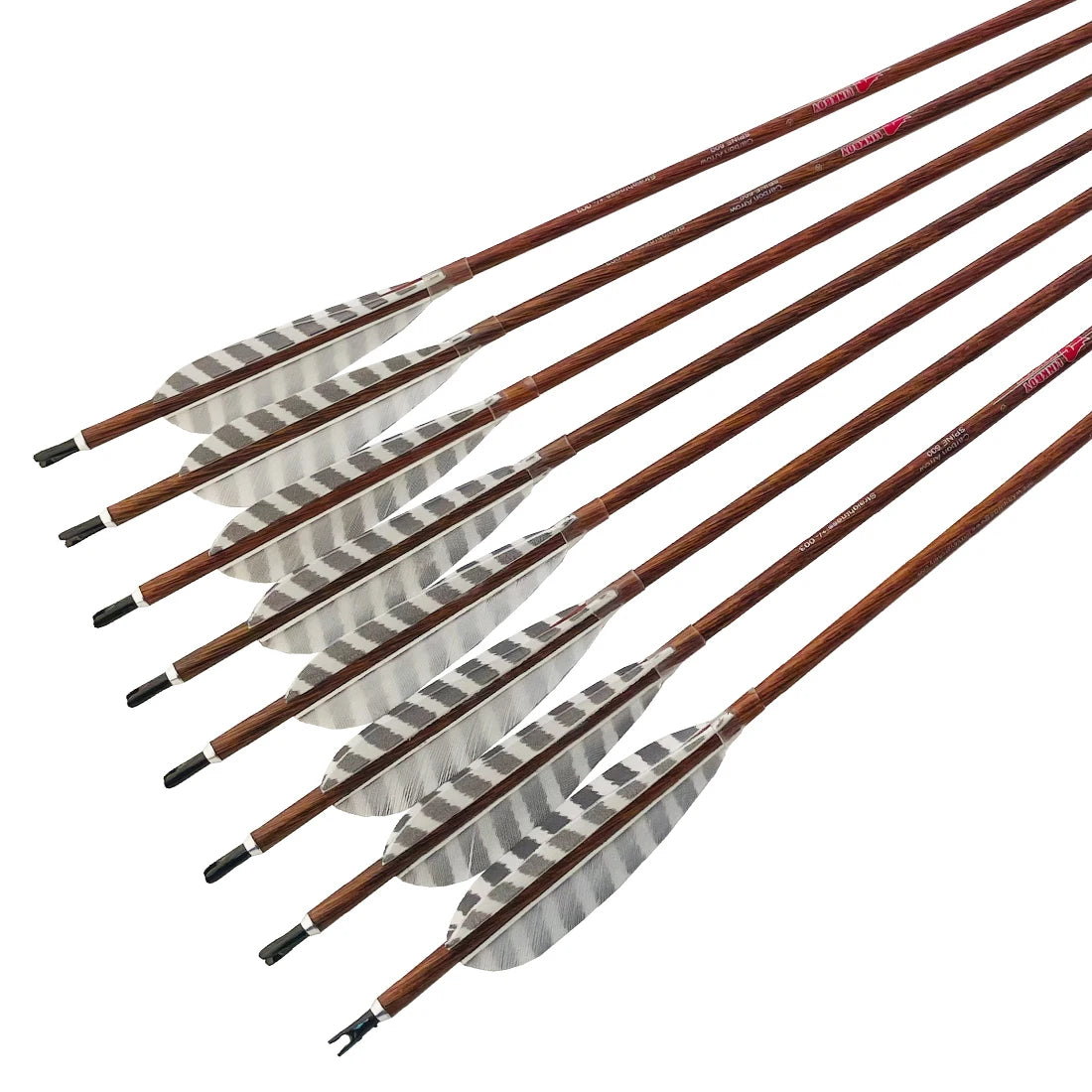 6pc Linkboy Archery 32 Inch Pure Carbon Arrows Spine 300 -900 4" Turkey Feather Wood Skin Arrows for Traditional Bow Hunting