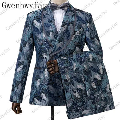 2025 Black with Gold Jacquard Symmetrical Royal Jacquard Classic Velvet Suit Set Business Suits for Men 2019 (Jacket+Pants+Vest)