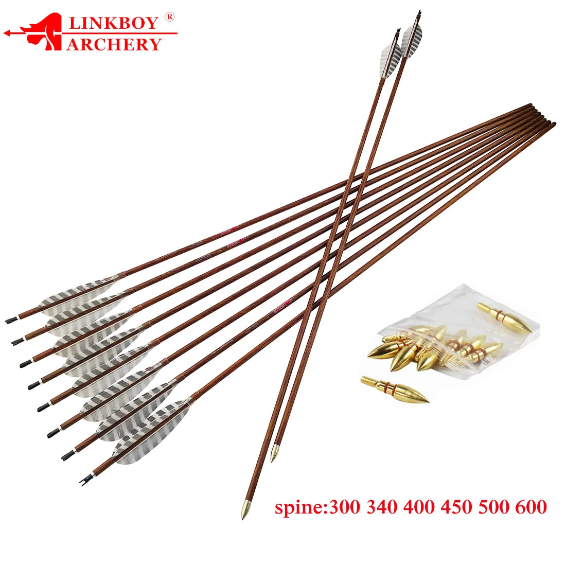 6pc Linkboy Archery 32 Inch Pure Carbon Arrows Spine 300 -900 4" Turkey Feather Wood Skin Arrows for Traditional Bow Hunting
