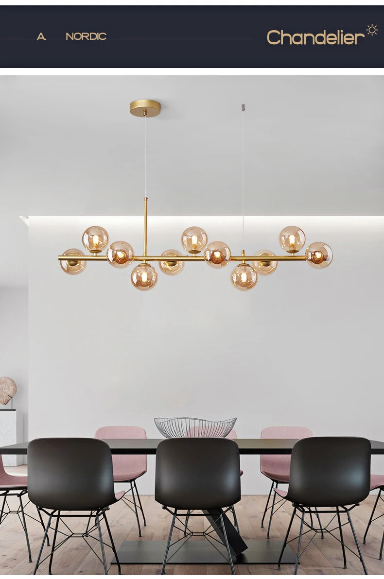 Nordic Modern LED Pendant Gold Light Glass Ball 11 Heads Hanging Lamp for Kitchen Living Dining Room Suspension Luminaire Design
