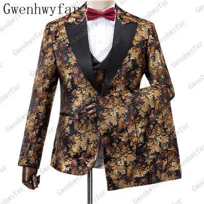 2025 Black with Gold Jacquard Symmetrical Royal Jacquard Classic Velvet Suit Set Business Suits for Men 2019 (Jacket+Pants+Vest)