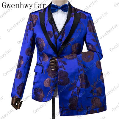 2025 Black with Gold Jacquard Symmetrical Royal Jacquard Classic Velvet Suit Set Business Suits for Men 2019 (Jacket+Pants+Vest)