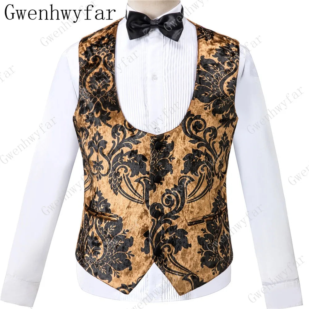 2025 Black with Gold Jacquard Symmetrical Royal Jacquard Classic Velvet Suit Set Business Suits for Men 2019 (Jacket+Pants+Vest)
