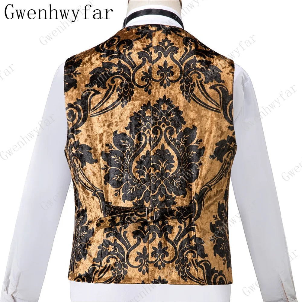 2025 Black with Gold Jacquard Symmetrical Royal Jacquard Classic Velvet Suit Set Business Suits for Men 2019 (Jacket+Pants+Vest)