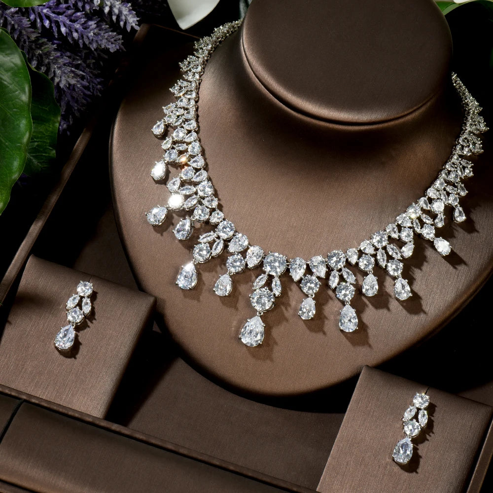 HIBRIDE Luxury Wedding Jewelry Nigerian Design Cubic Zirconia Large Bridal Choker Necklace Earrings Sets For Women bijoux N-1454