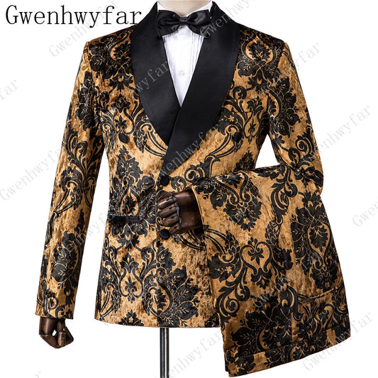 2025 Black with Gold Jacquard Symmetrical Royal Jacquard Classic Velvet Suit Set Business Suits for Men 2019 (Jacket+Pants+Vest)