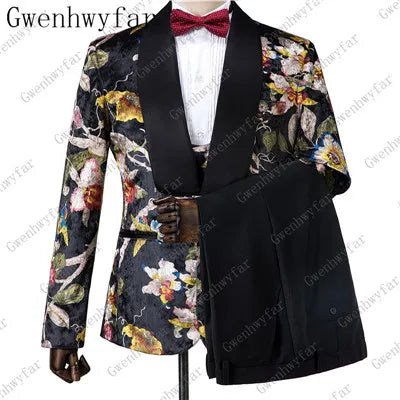 2025 Black with Gold Jacquard Symmetrical Royal Jacquard Classic Velvet Suit Set Business Suits for Men 2019 (Jacket+Pants+Vest)