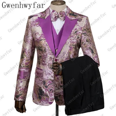 2025 Black with Gold Jacquard Symmetrical Royal Jacquard Classic Velvet Suit Set Business Suits for Men 2019 (Jacket+Pants+Vest)