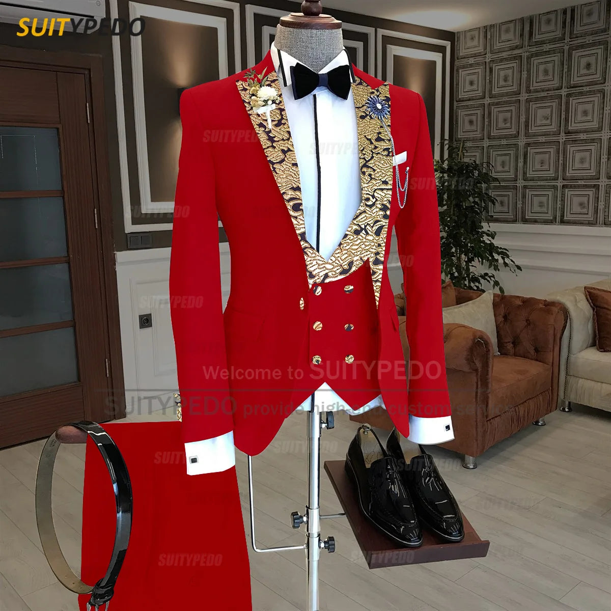 Luxury Men Suits Gold Printed Collar Formal Prom Male Elegant Costume Jacket Vest Pants 3 Pieces Wedding Party Fashion Tuxedos