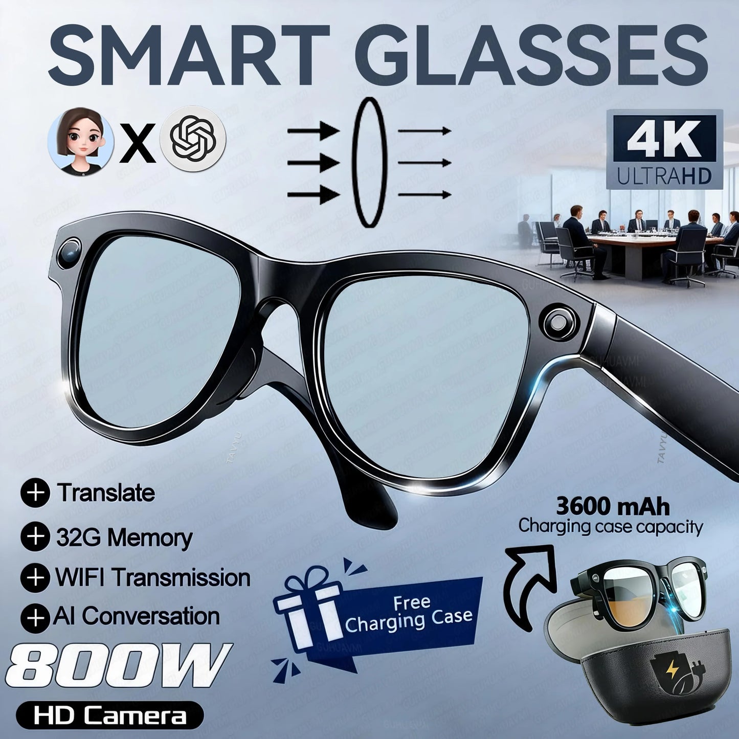 Bluetooth Camera Smart Glasses 4K 1296P Photo Video Open-Ear Dual Speakers Touch Button Control OTA APP 4GB Memory sunglasses