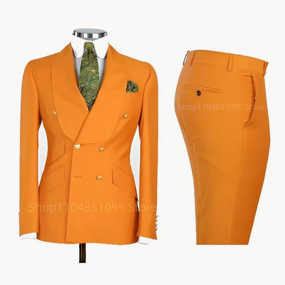 2 PCS Men's Smart Casual Solid Formal Tuxedo Suits with Shawl Lapel Double Breasted Jacket And Pants for Business And Wedding
