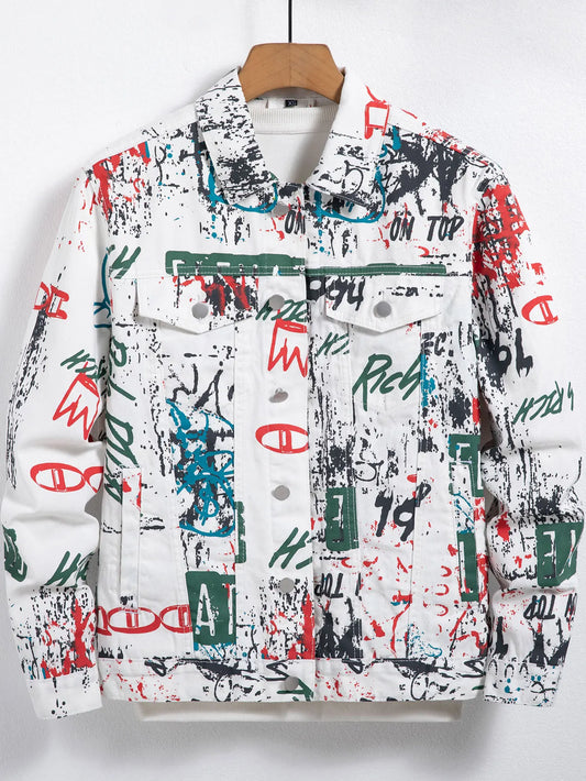 Men's spring-summer graffiti print denim jacket, regular size. Stylish street style.