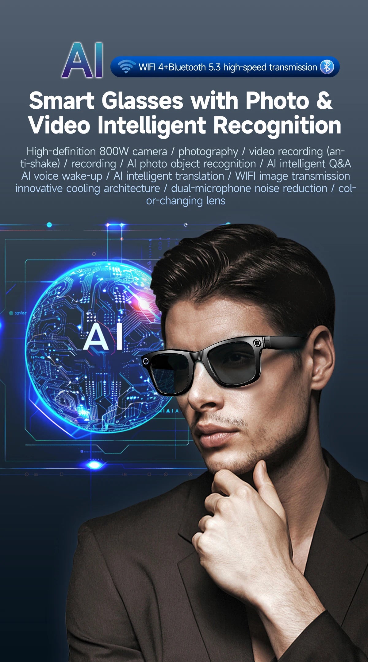 2025 New 800W Camera Glasses Bluetooth Smart Glasses with Camera Voice Call Music Smart Sunglasses Video Sound Record AI Glasses