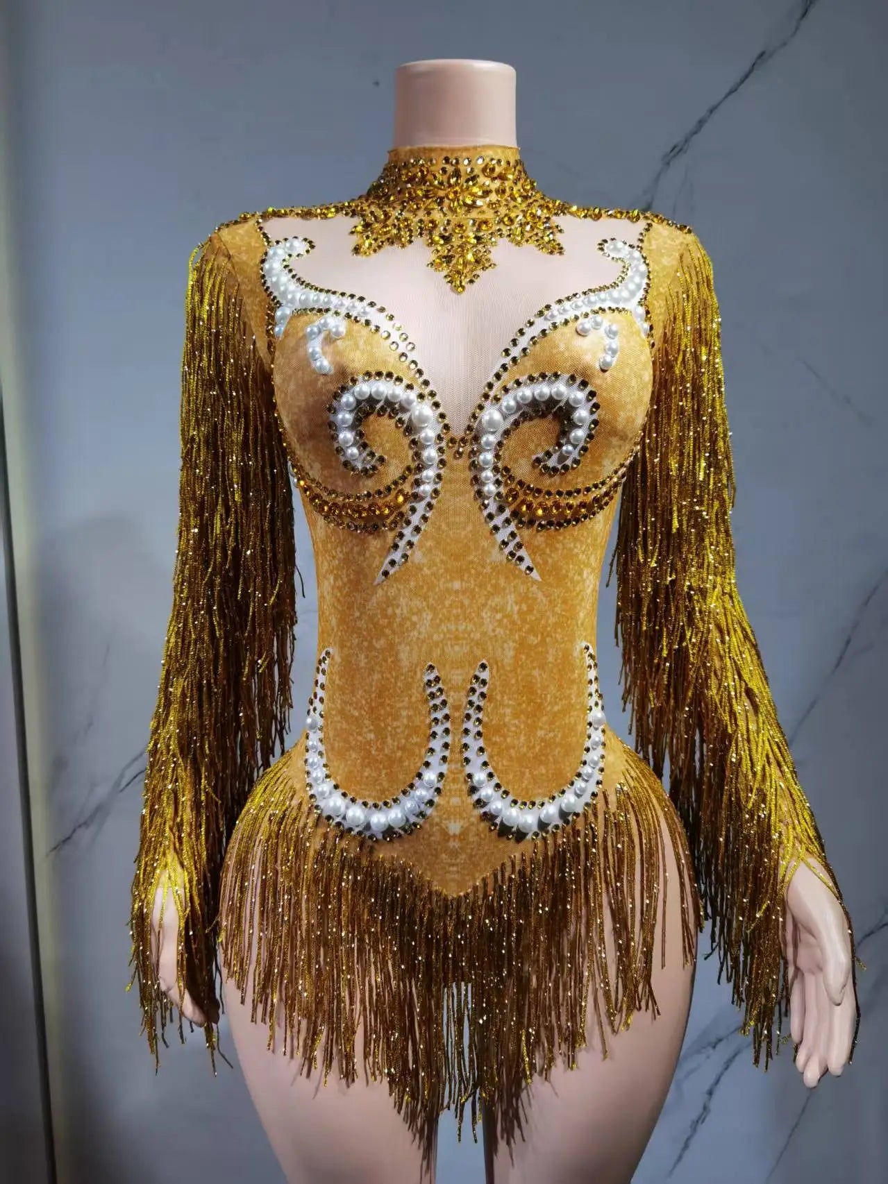 Luxury Gray Fringe Silver Rhinestones Pearls Transparent Bodysuit Women Dance Show Costume Birthday Party Outfit