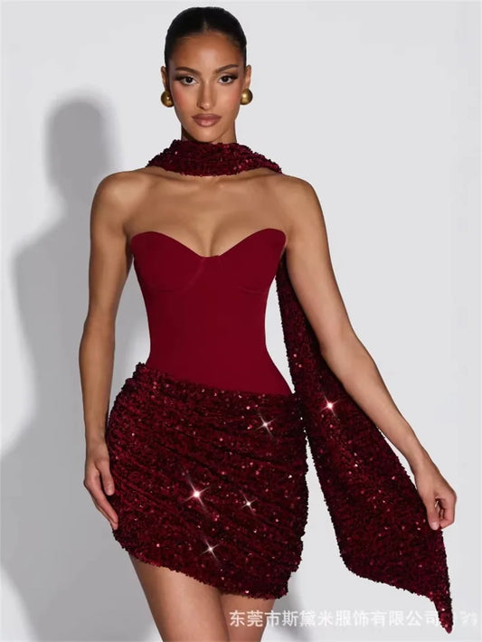 Red & White Sequin Halter Neck Mini Dress with Detachable Scarf ,Strapless Bodice, Bodycon Fit, Evening Party Club Wear Dress