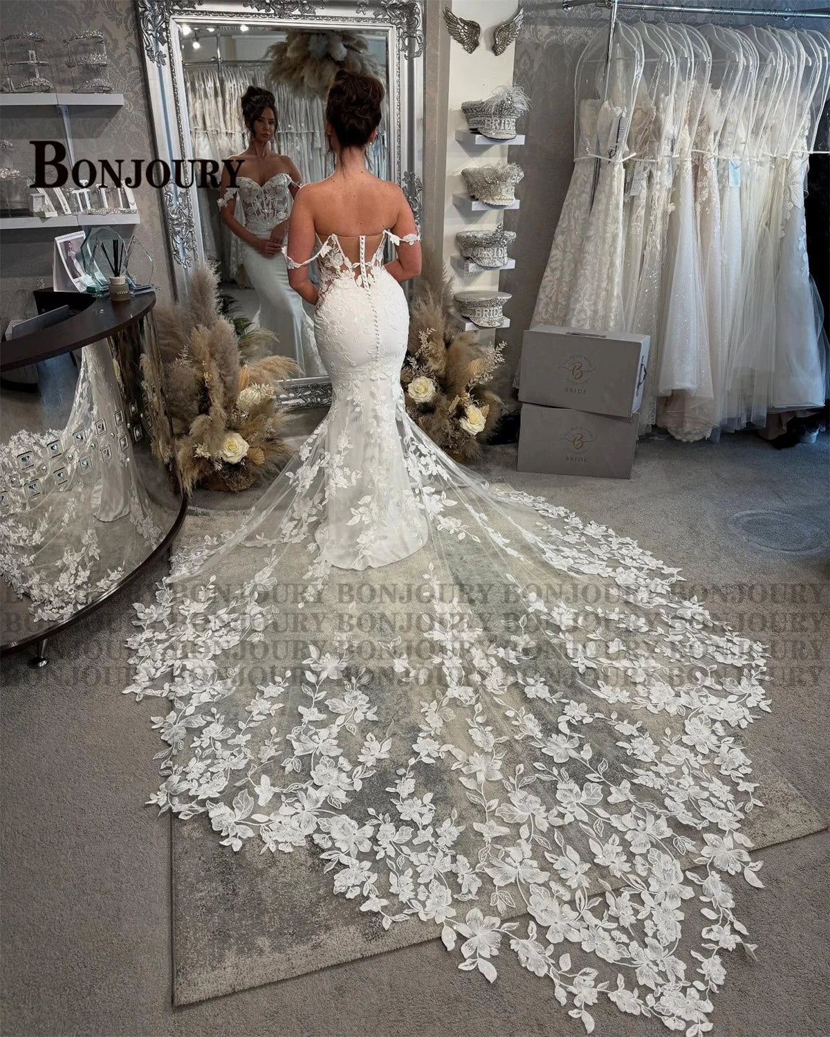 BONJOURY Charming Wedding Dress Mermaid Appliques Button Off the Shoulder Court Train Vestidos De Novia Brautmode Customized