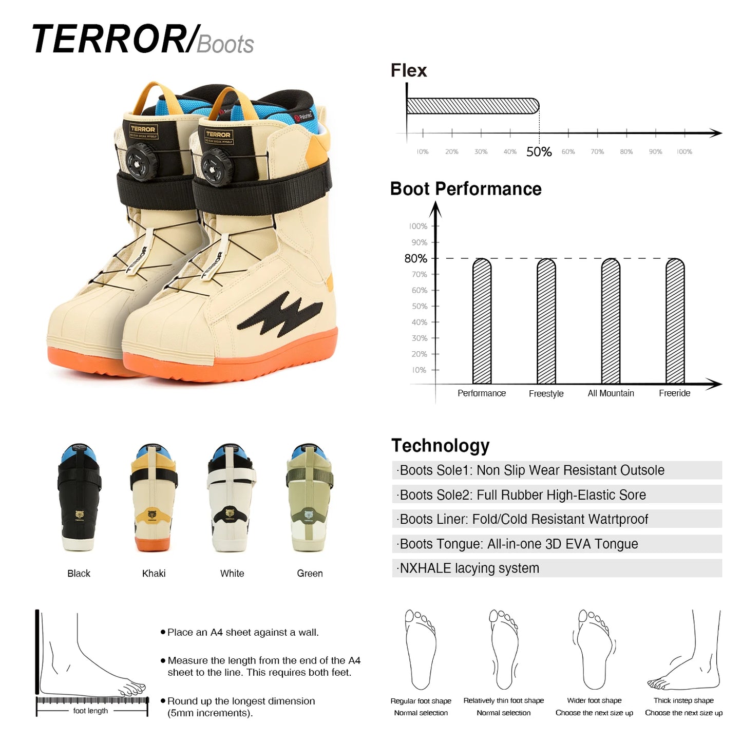 TERROR Snowboard Boot ,NX Dial Knob Lacing Systems and Hook and Loop Straps,Middle Flex,Breathable and Warm Liners - 2025