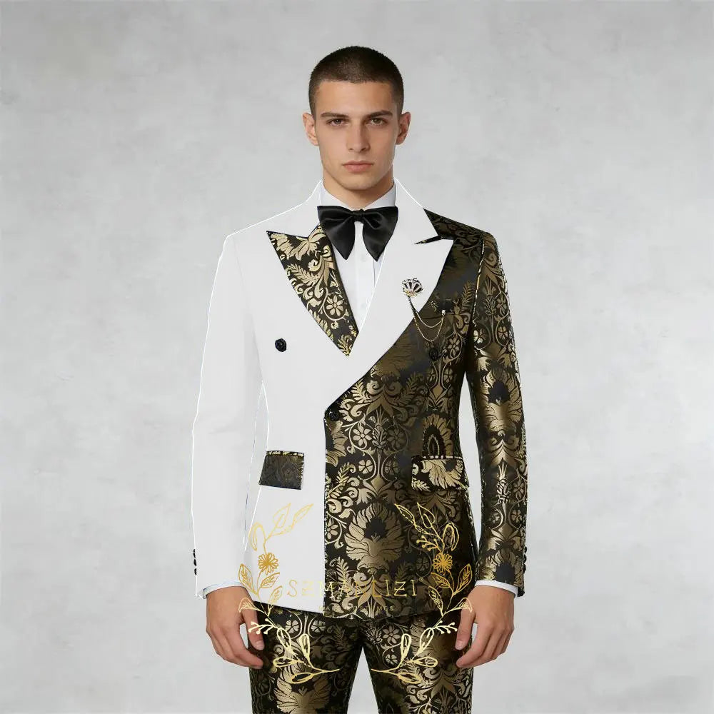 Black And Gold Floral Men's Suit 2 Piece Double Breasted Jacket Wedding Groom Tuxedo Formal Blazer Pants Sets terno masculino