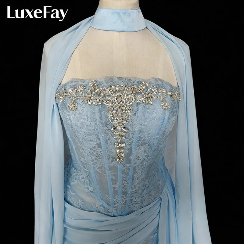 LuxeFay Blue Mermaid Lace Embroidery Prom Dresses Shawl Strapless vestidos de noiva Draped High Split Formal Evening Customized