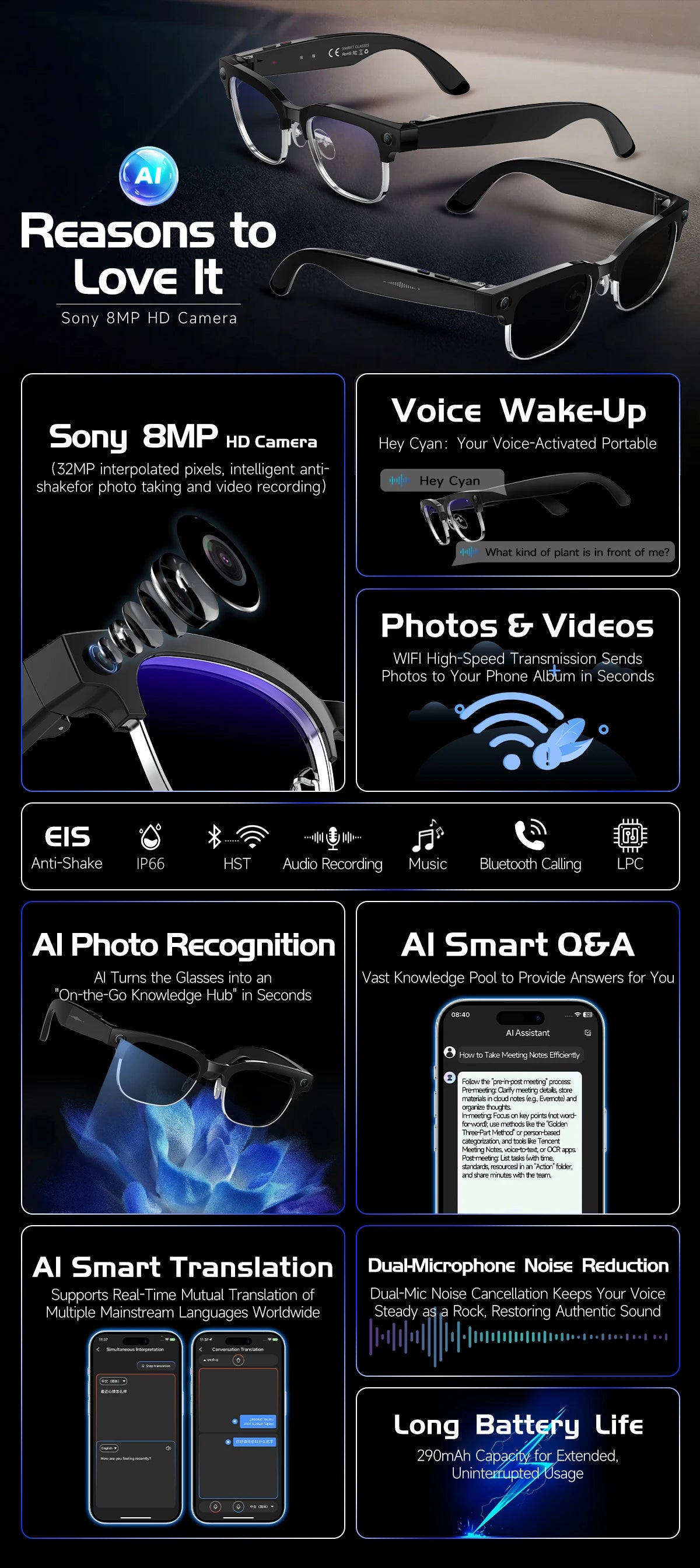 New 4K HD AI Smart Glasses 800w Pixel Multifunctional Camera Ultra Bluetooth Call Voice Assistant Music Player Smart Translation