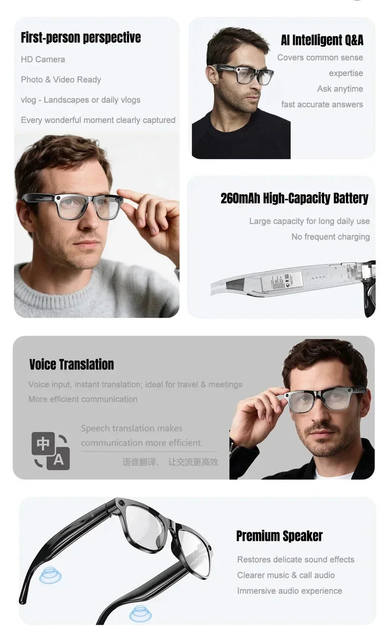 Lenovo 8K 4K AI HD Shooting Smart Glasses Multifunctional Camera Bluetooth Call Music VoicePlayer Translate Photochromic Glasses