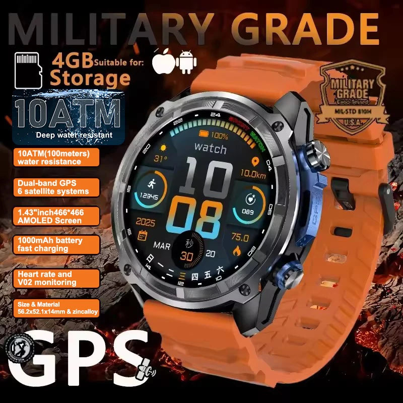 2025New Men Military GPS Map Smart Watch T-Rex3 Compass 4GB Memory 1000mAh Battery 10ATM Waterproof HD Bluetooth Call Smartwatch
