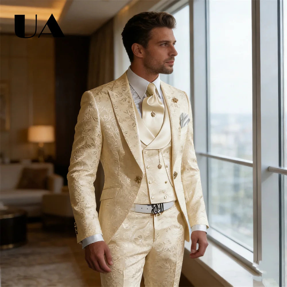 Custom Tailored Mens Three Piece Wedding Suit Jacket Pants Waistcoat Jacquard Prom Suit Attires Blazer Trousers Vest