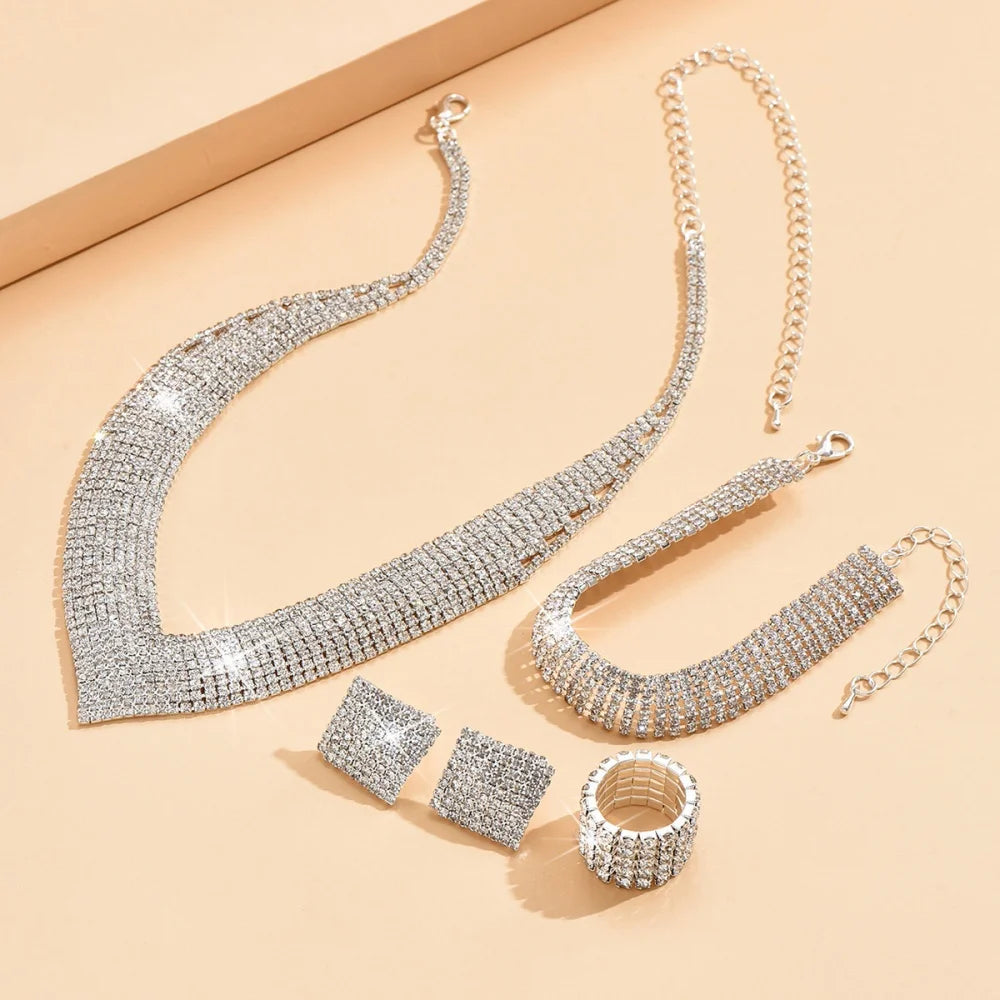 2025 New Middle East Hot Selling Four Piece Set Fashionable Silver Color Necklace Bracelet Ring Jewelry Set Bridal  Accessories