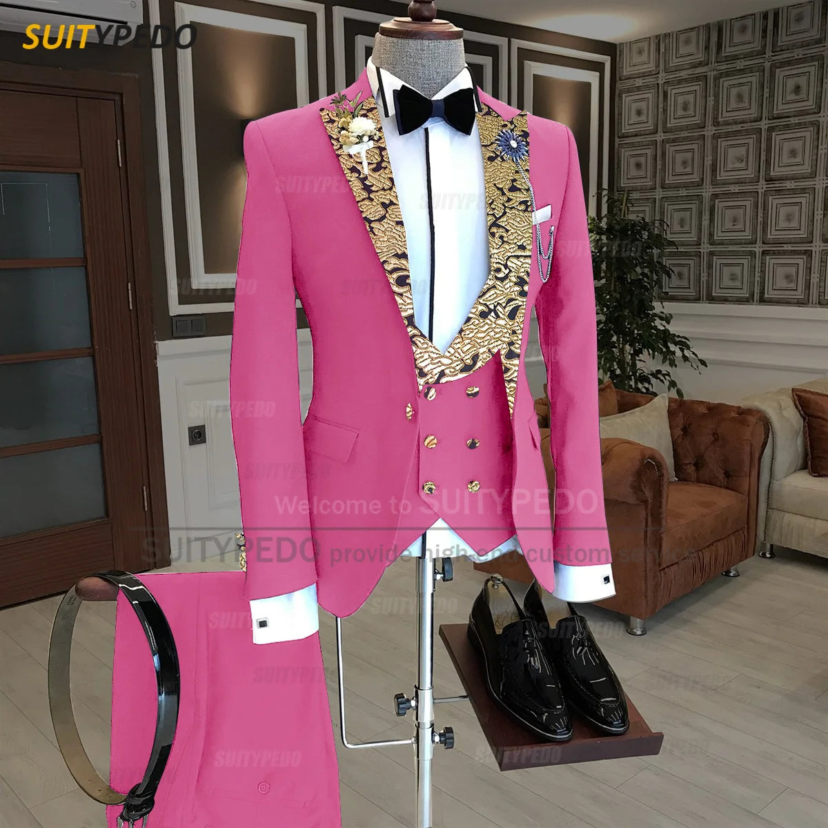 Luxury Men Suits Gold Printed Collar Formal Prom Male Elegant Costume Jacket Vest Pants 3 Pieces Wedding Party Fashion Tuxedos